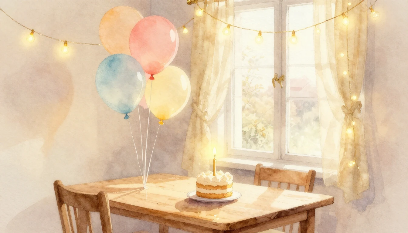 A soft watercolor painting of a cozy room decorated with del...