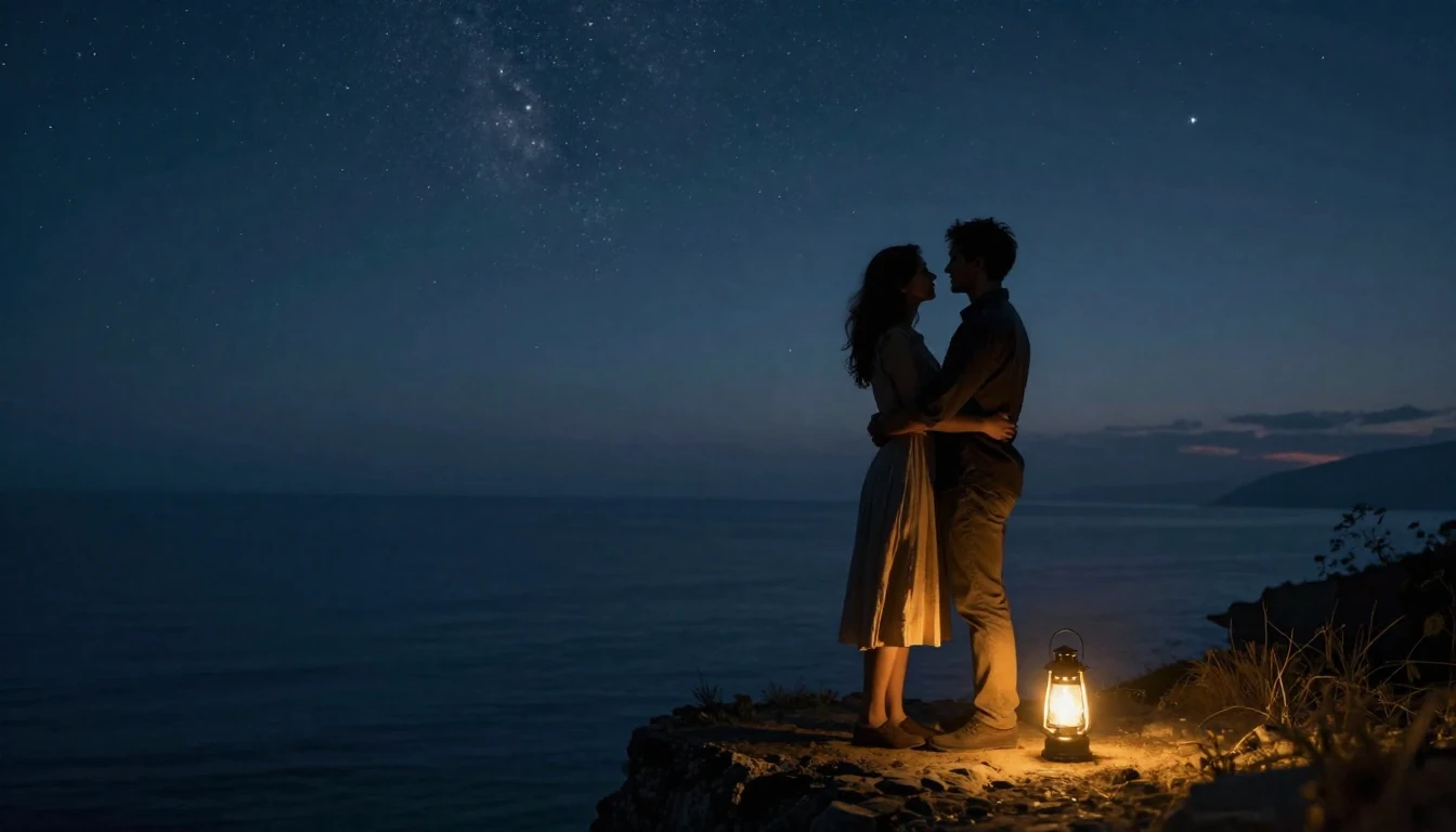 A romantic cinematic scene featuring a silhouette of a lovin...