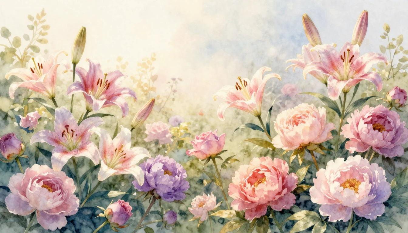 A beautiful watercolor painting of a blooming garden with va...