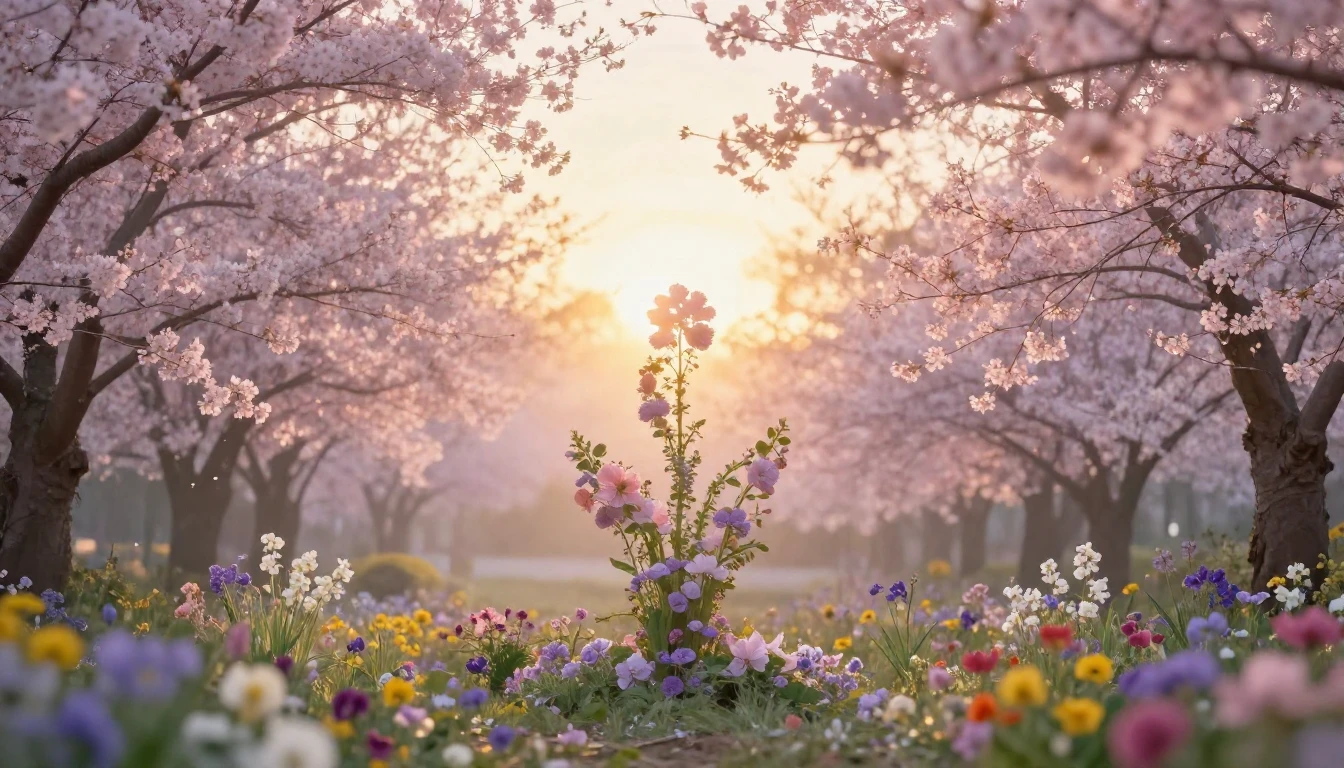 A breathtaking landscape featuring a blooming garden at sunr...