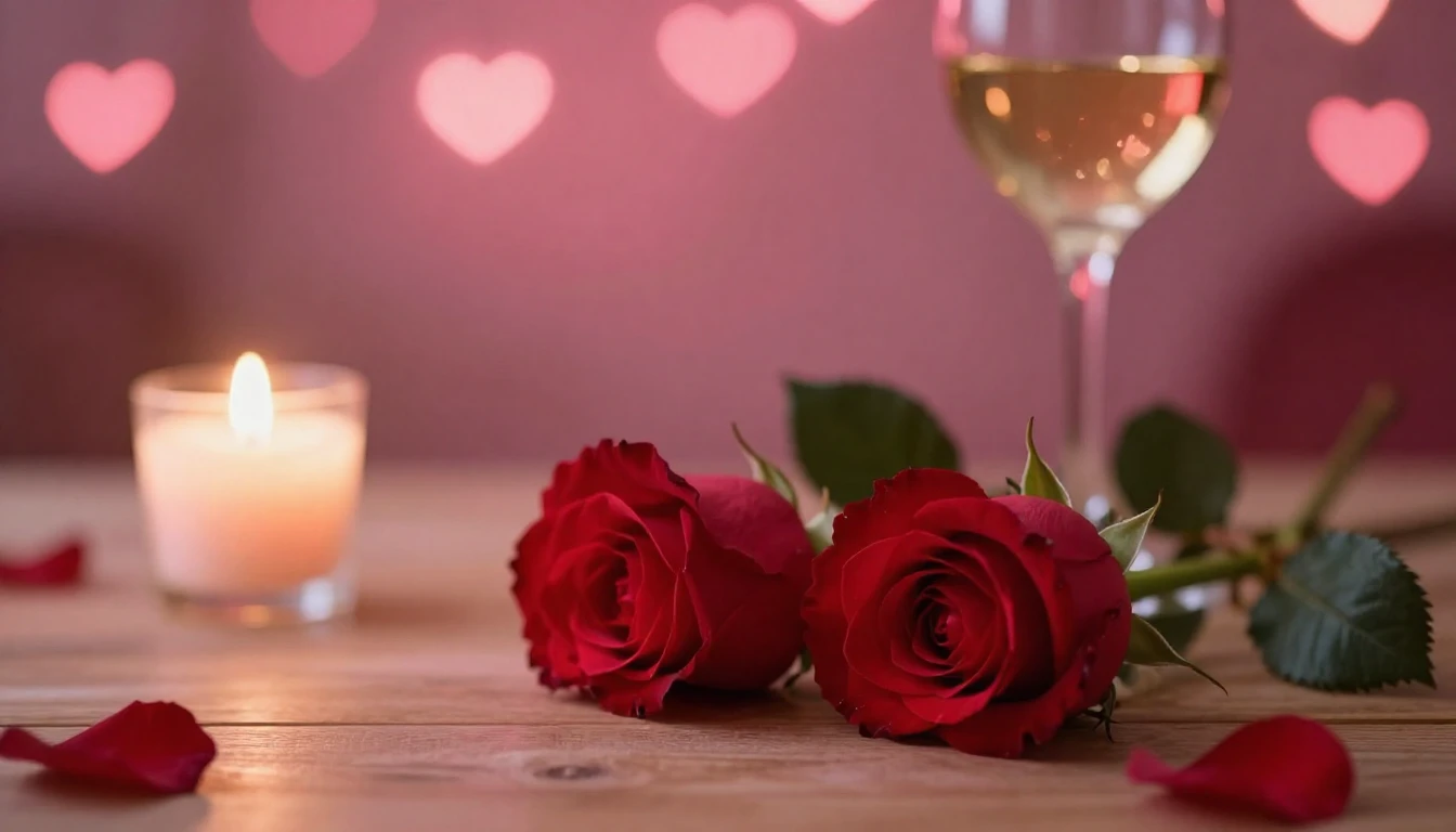 A soft and dreamy scene featuring two delicate red roses lyi...