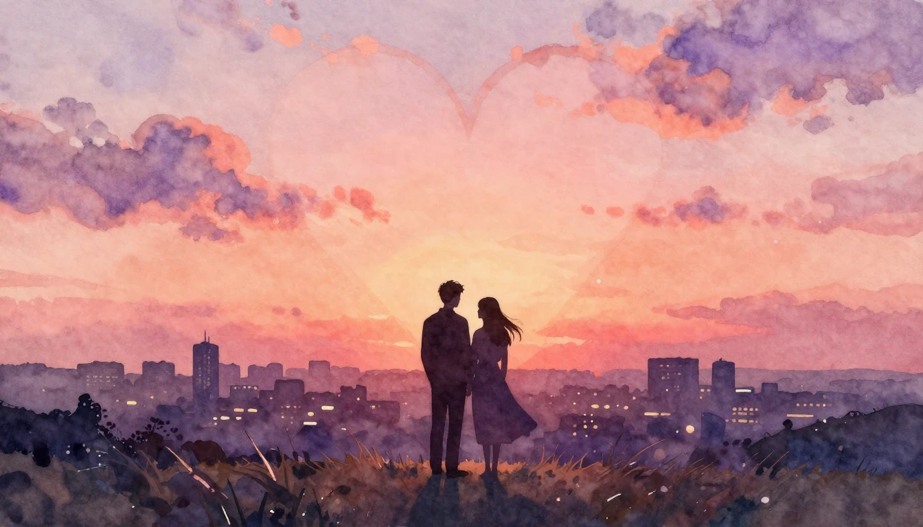 A romantic artistic watercolor painting featuring two silhou...