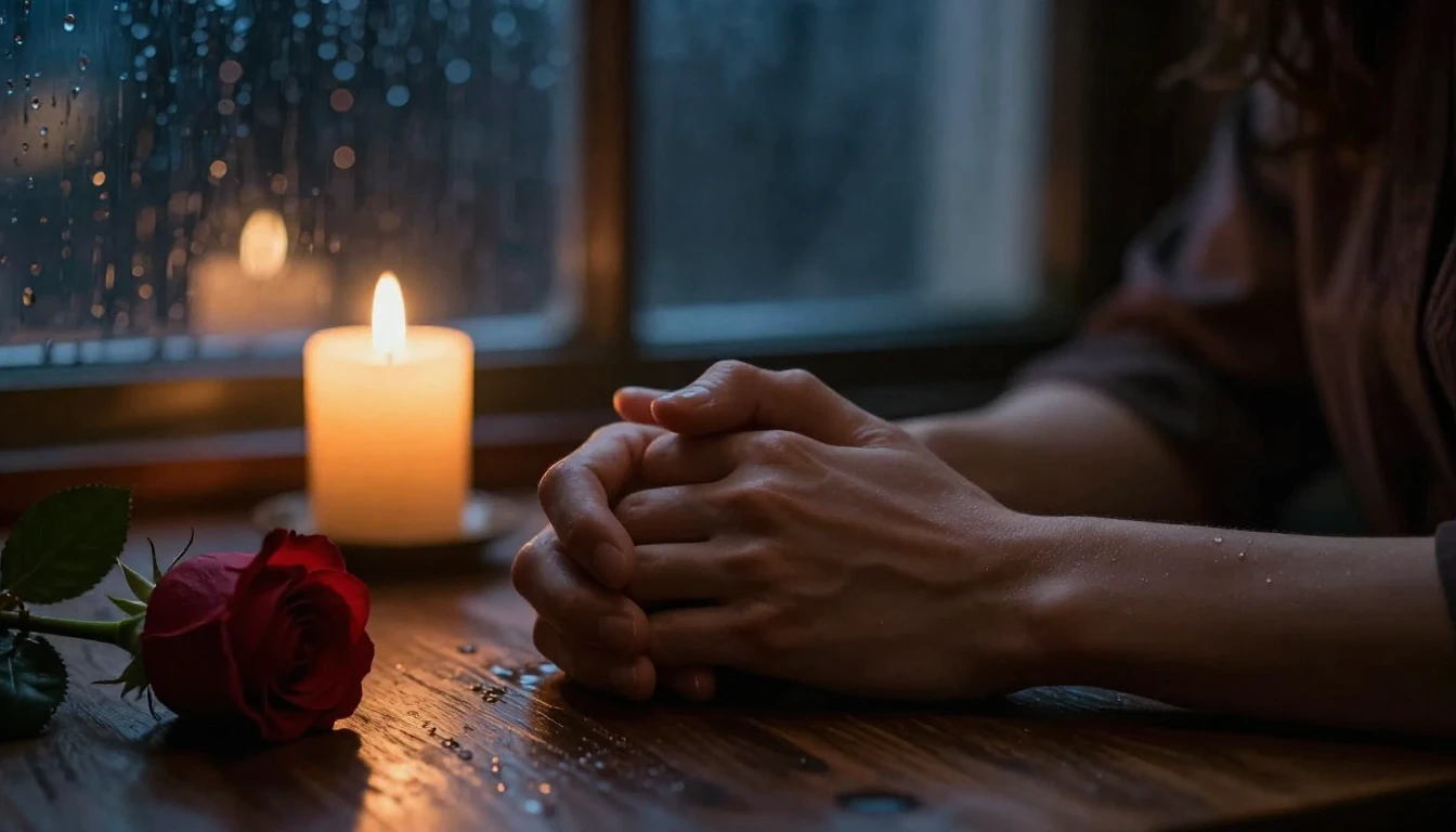 A cinematic close-up shot of two hands intertwining on a woo...