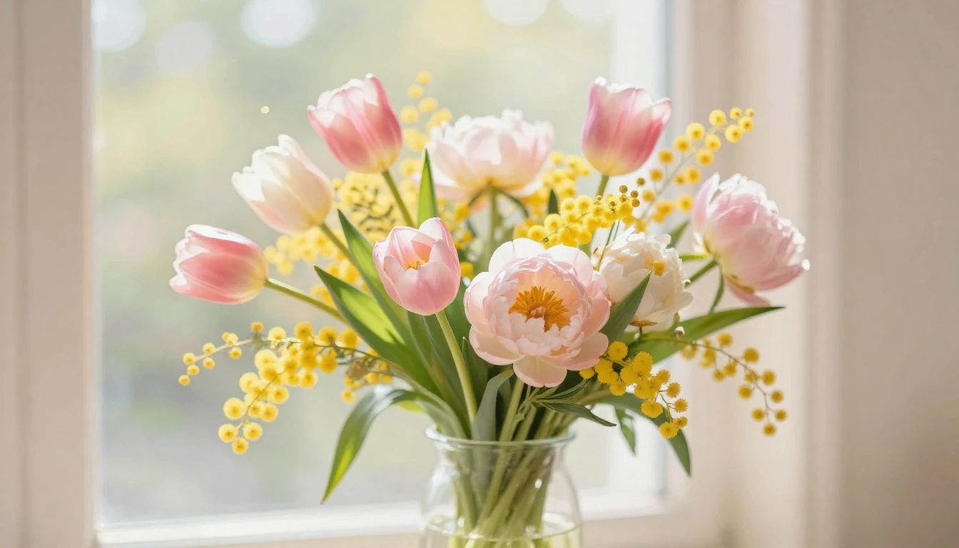 A delicate bouquet of spring flowers like tulips, mimosa, an...
