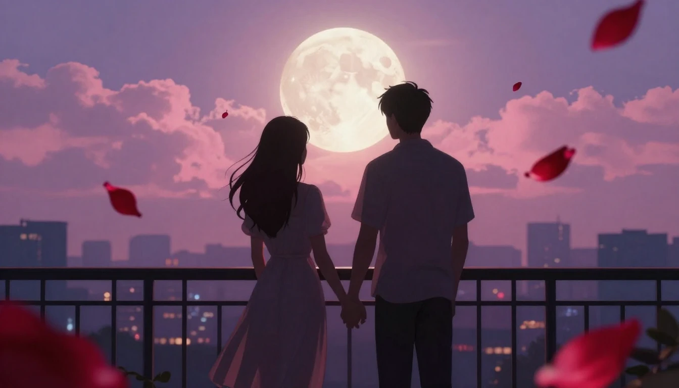 A romantic and dreamy scene featuring a silhouette of a coup...