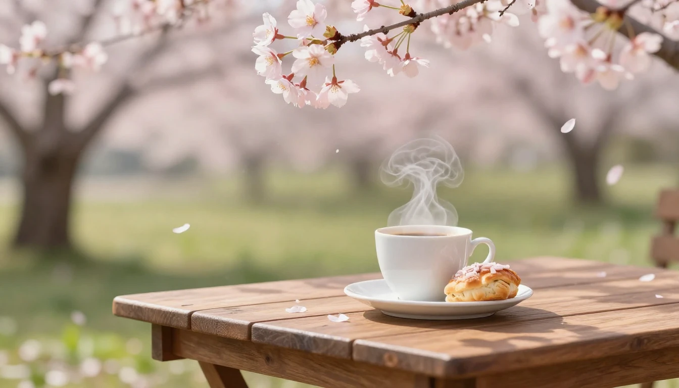 A serene outdoor scene of a wooden table set for a spring fi...