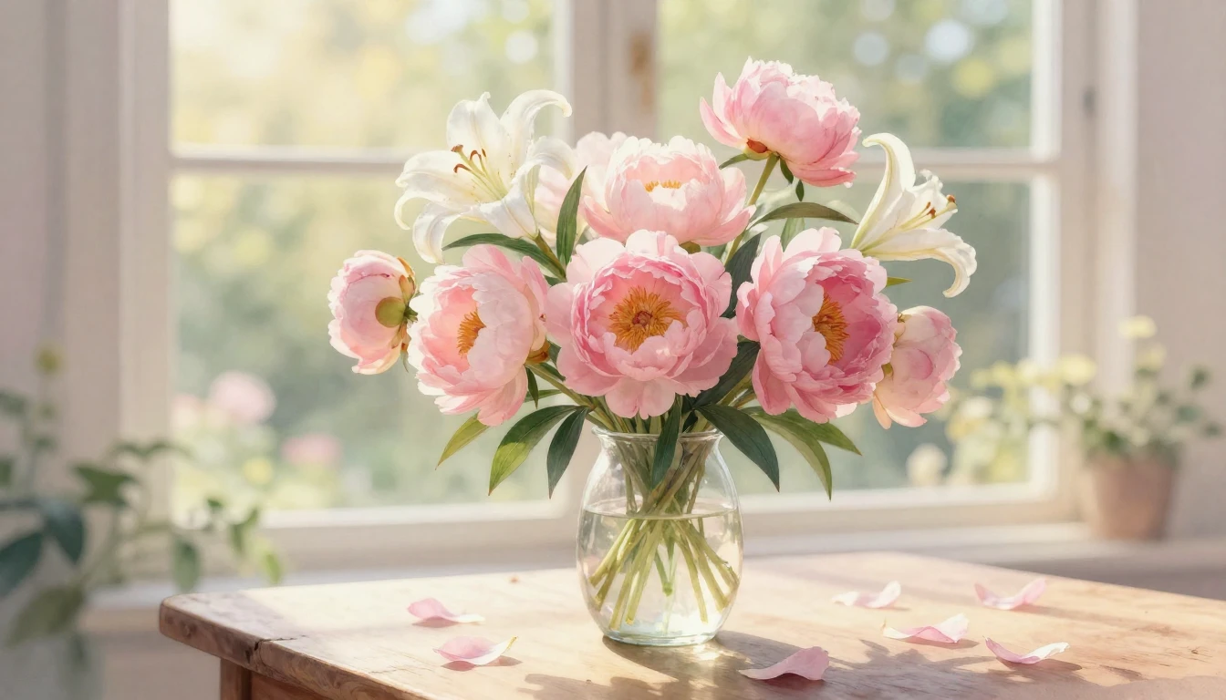 A delicate watercolor painting of a lush bouquet of pink peo...