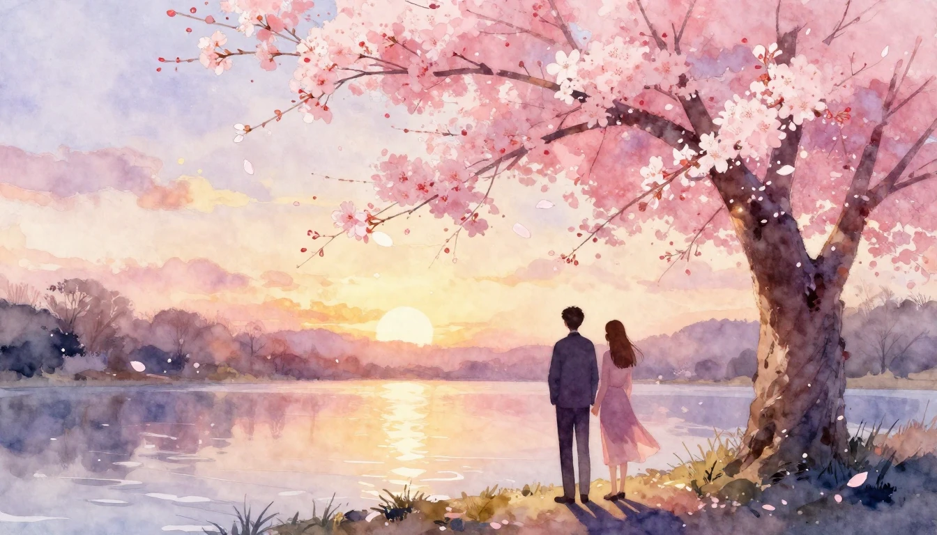 A beautiful watercolor painting of two silhouettes standing ...