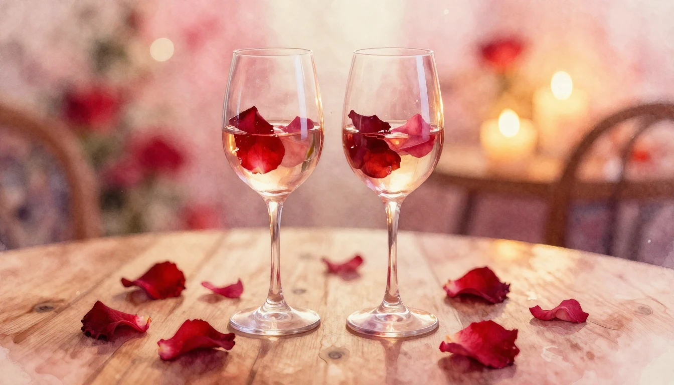 A soft watercolor painting of two delicate wine glasses sitt...