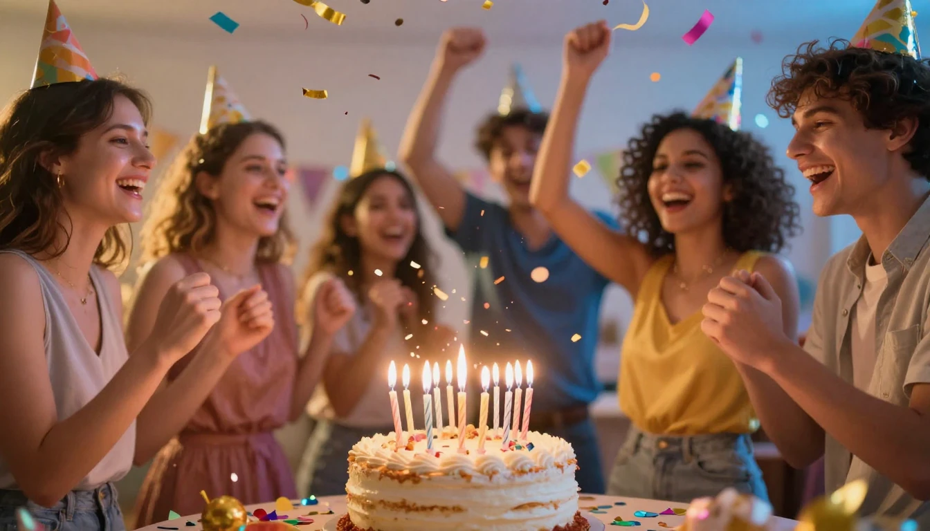 A vibrant and energetic birthday party scene focusing on fri...