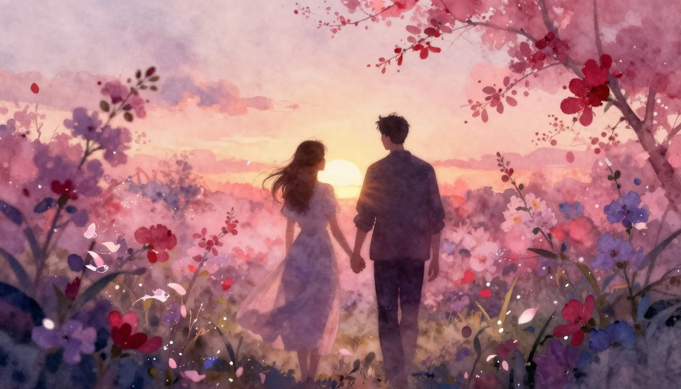 A beautiful watercolor painting of two silhouettes walking h...