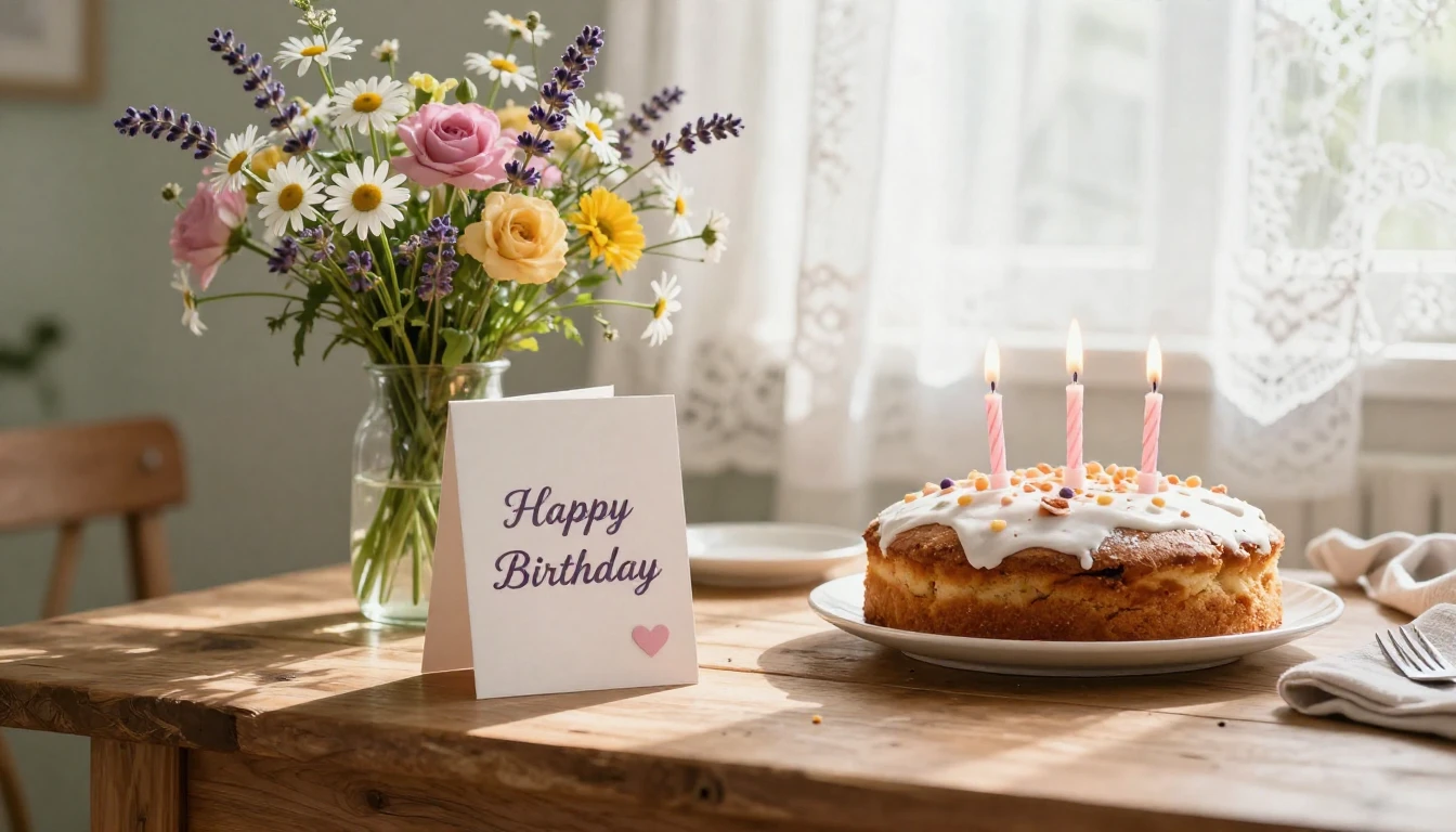 A beautiful and cozy birthday setting, a rustic wooden table...