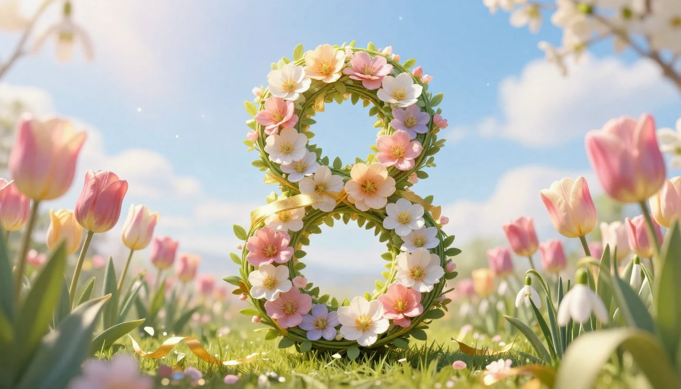 A beautiful spring scene with blooming tulips, snowdrops, an...