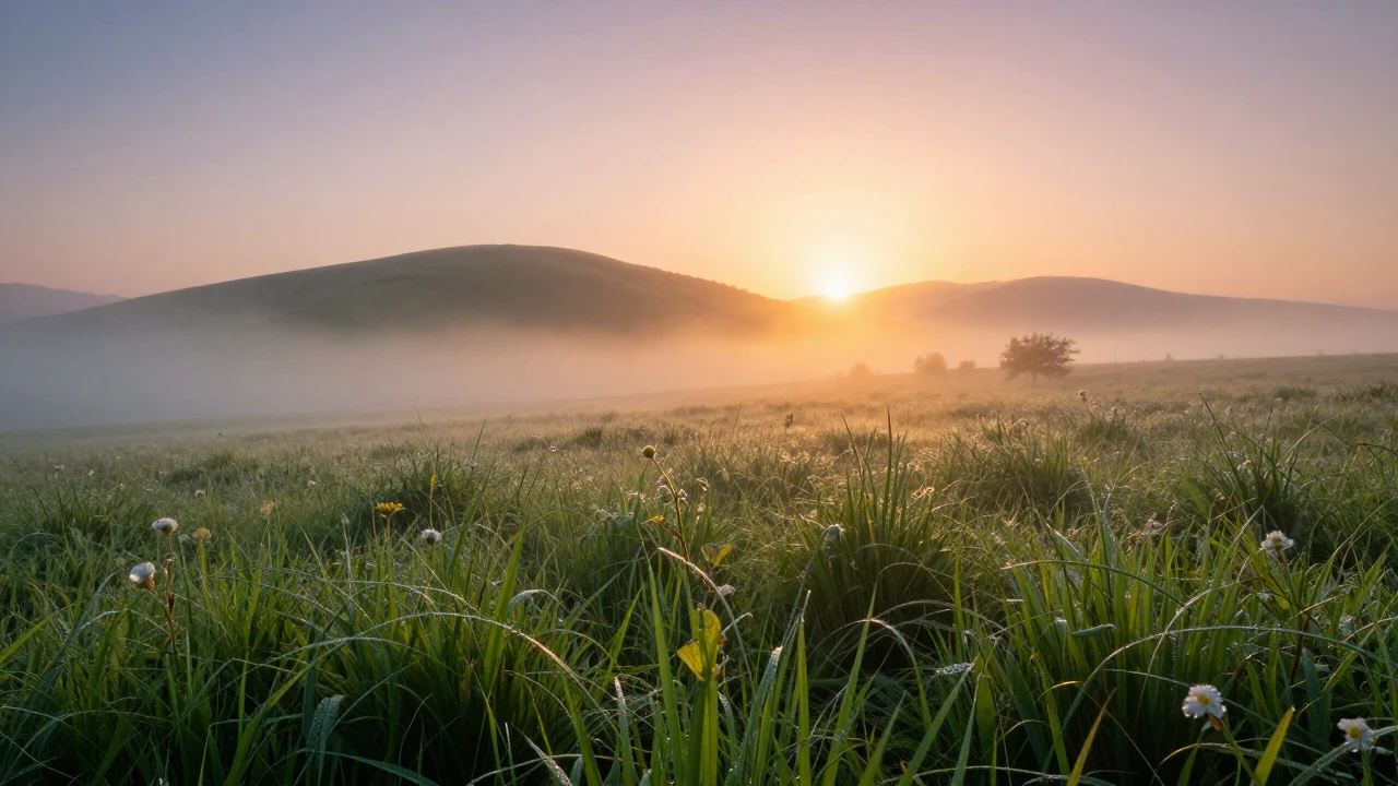 A breathtaking landscape at dawn where the first rays of gol...
