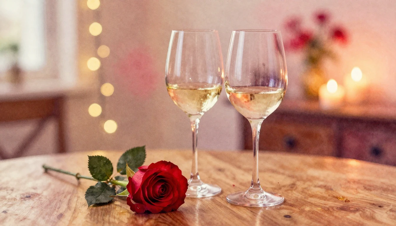 A soft watercolor painting of two elegant wine glasses stand...