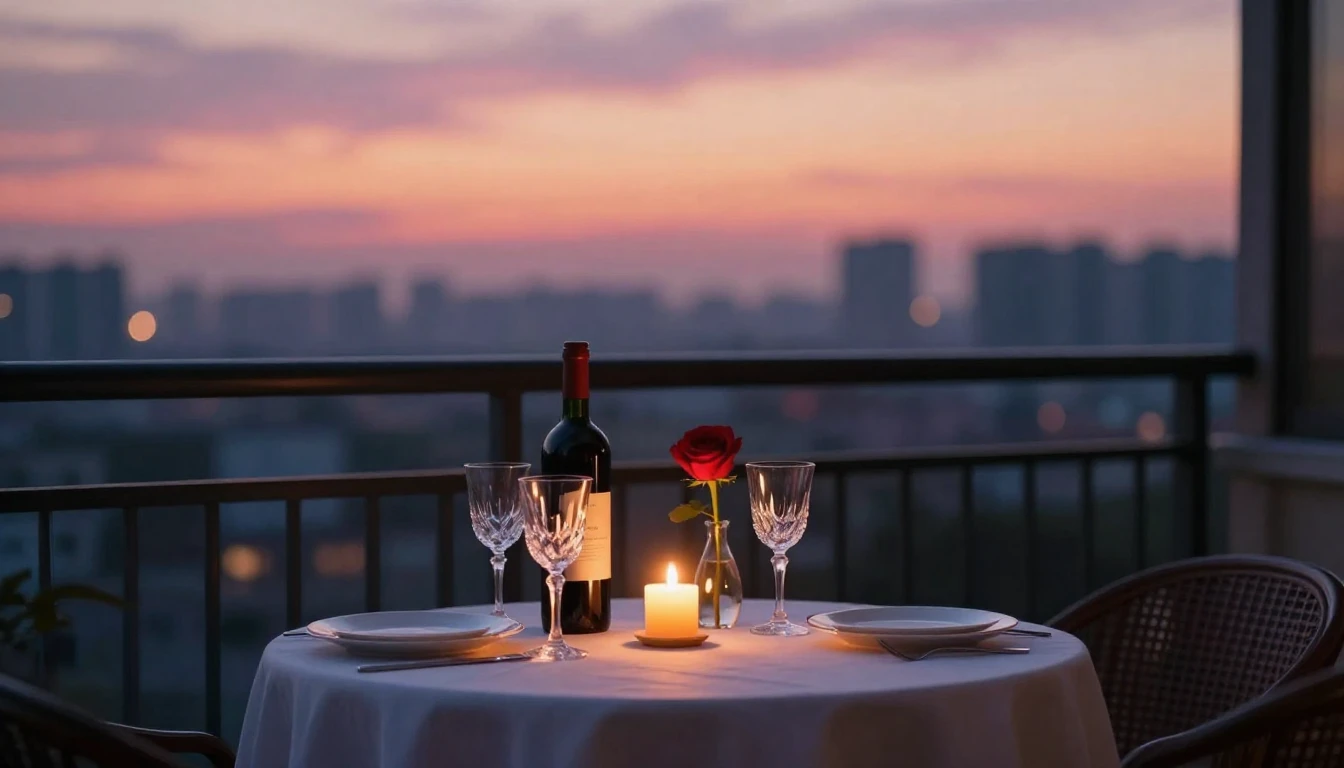 A romantic dinner setting on a cozy balcony at sunset, overl...