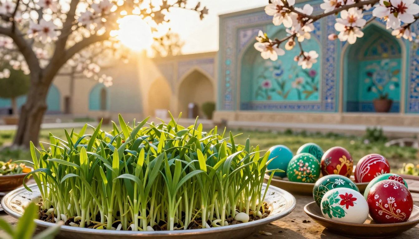 A vibrant and lush scene of a Haft-Sin display set in a bloo...