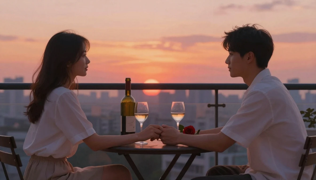 A romantic scene of a couple holding hands across a small ta...