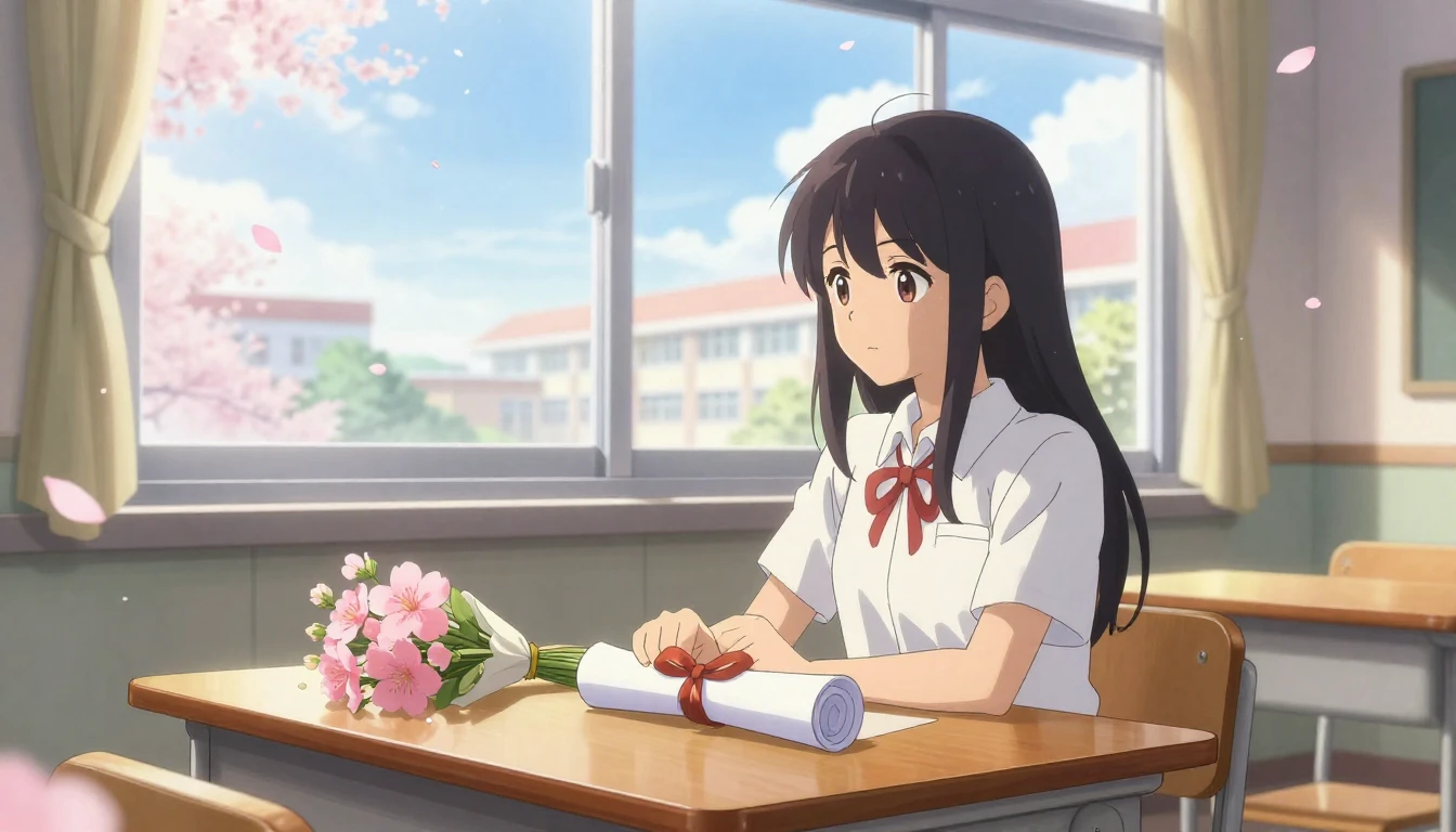 A nostalgic and emotional anime-style illustration of a scho...