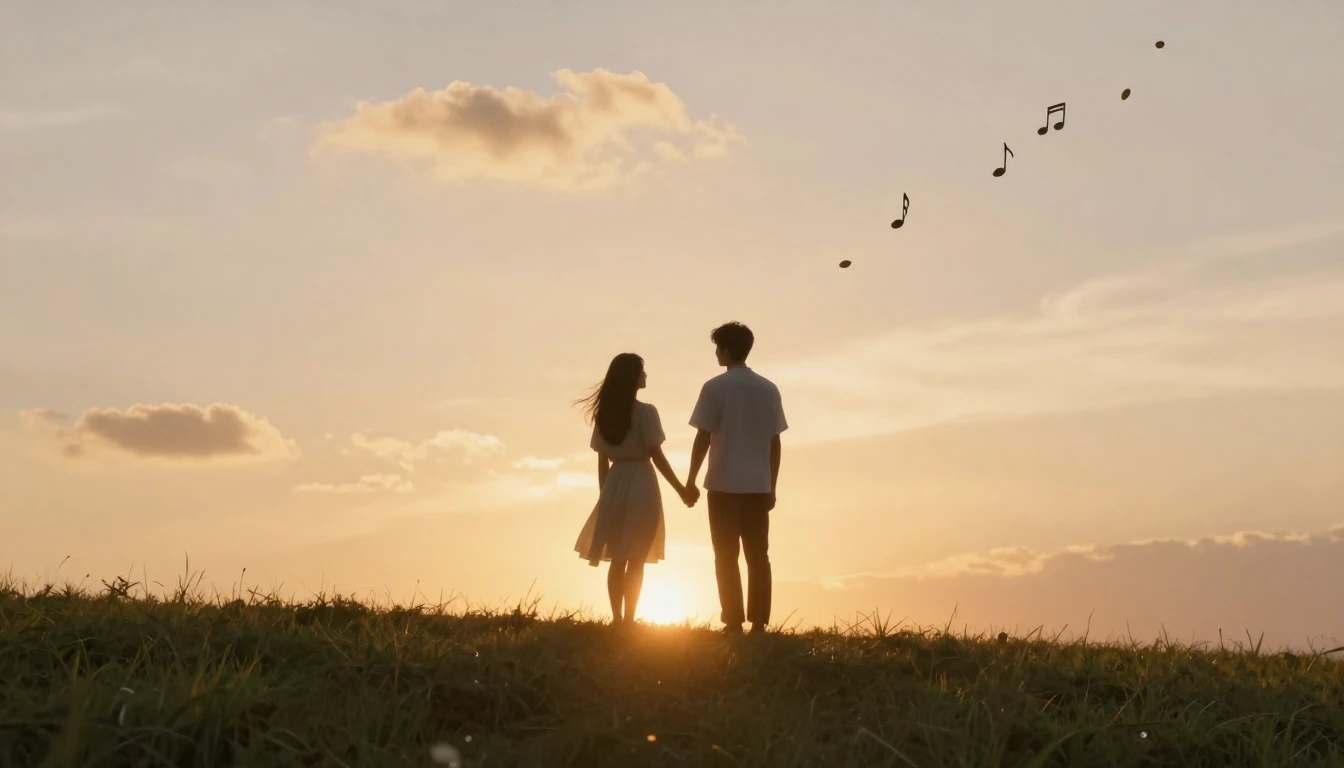 A romantic and dreamy scene featuring a silhouette of a coup...