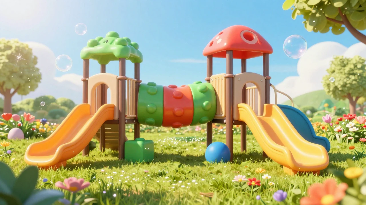 A vibrant and colorful scene of a sun-drenched playground wi...