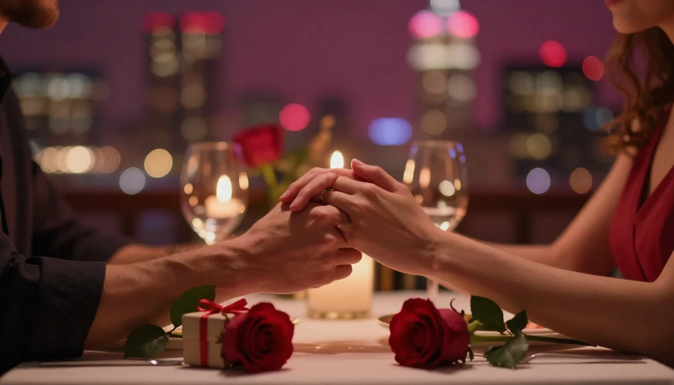 A romantic and intimate scene featuring a close-up of a coup...