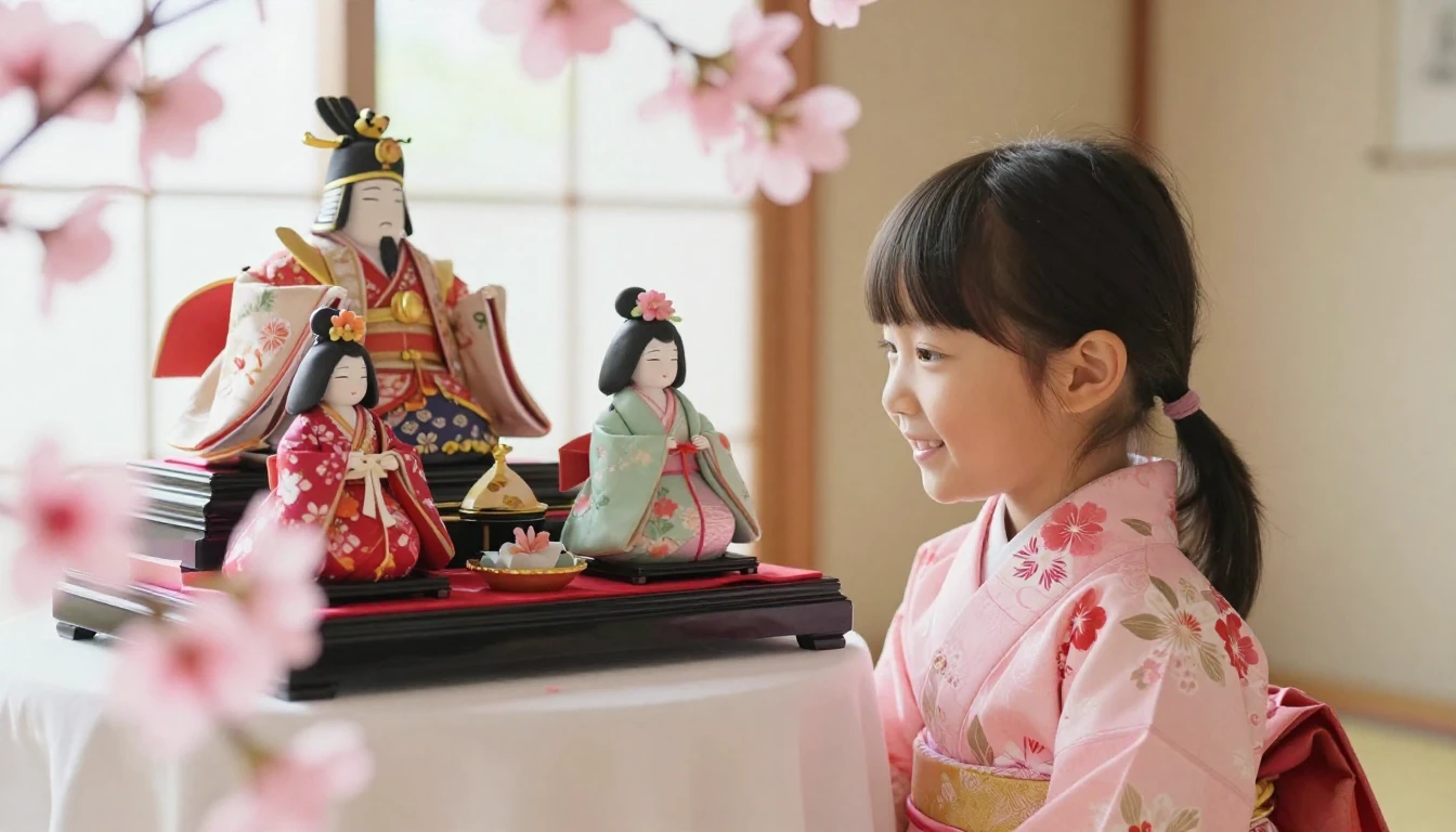 A heartwarming scene of a traditional Japanese Hinamatsuri f...
