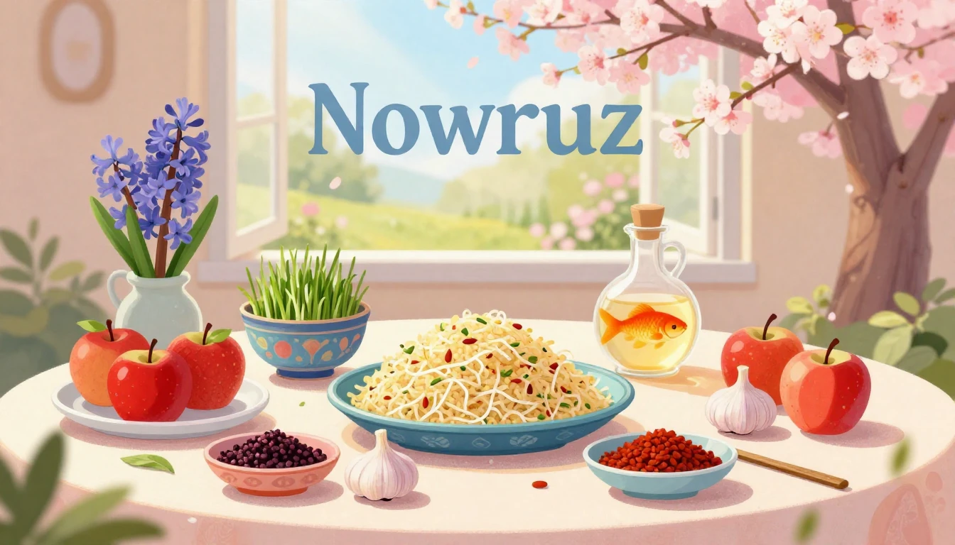 A beautiful, vibrant illustration celebrating Nowruz, the Pe...