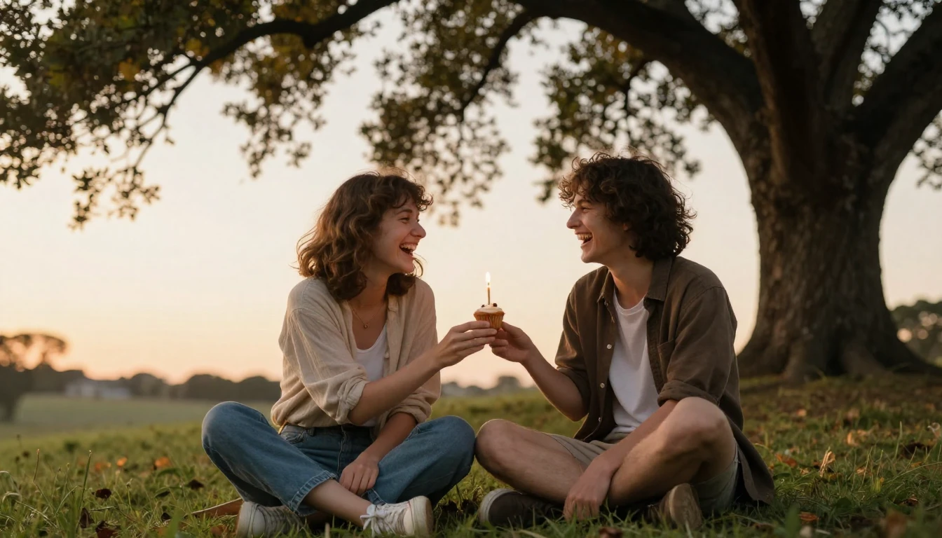 Two friends sitting on a grassy hill during a golden sunset,...