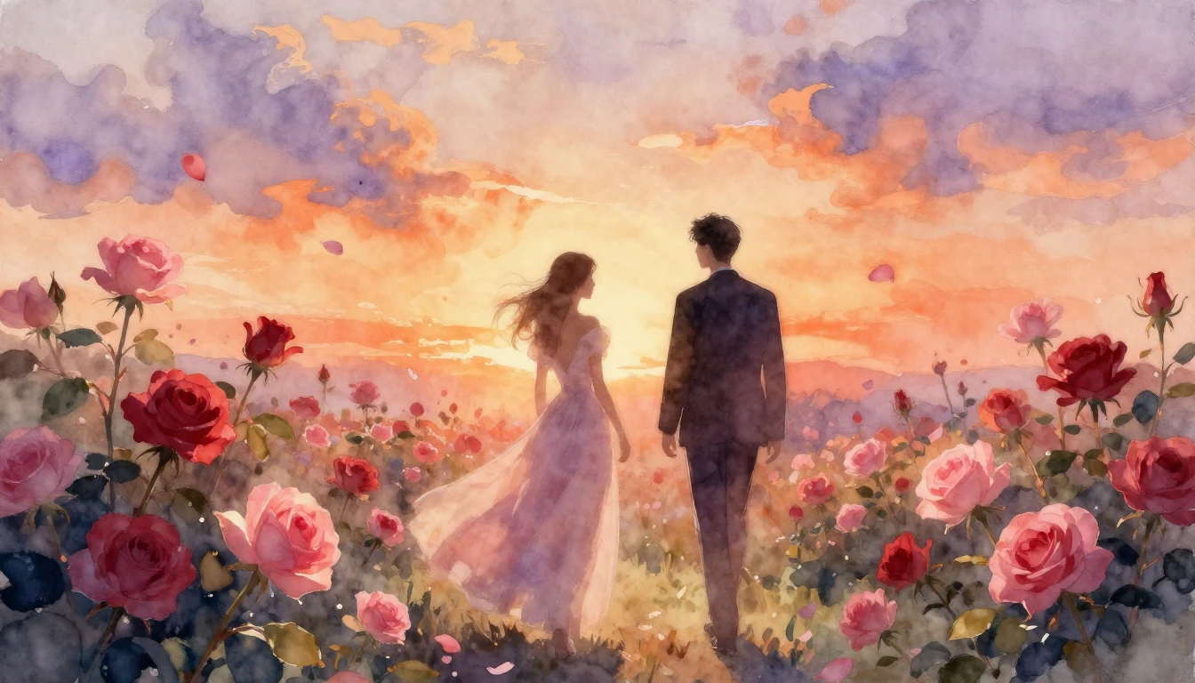 A dreamy watercolor painting of two elegant silhouettes walk...
