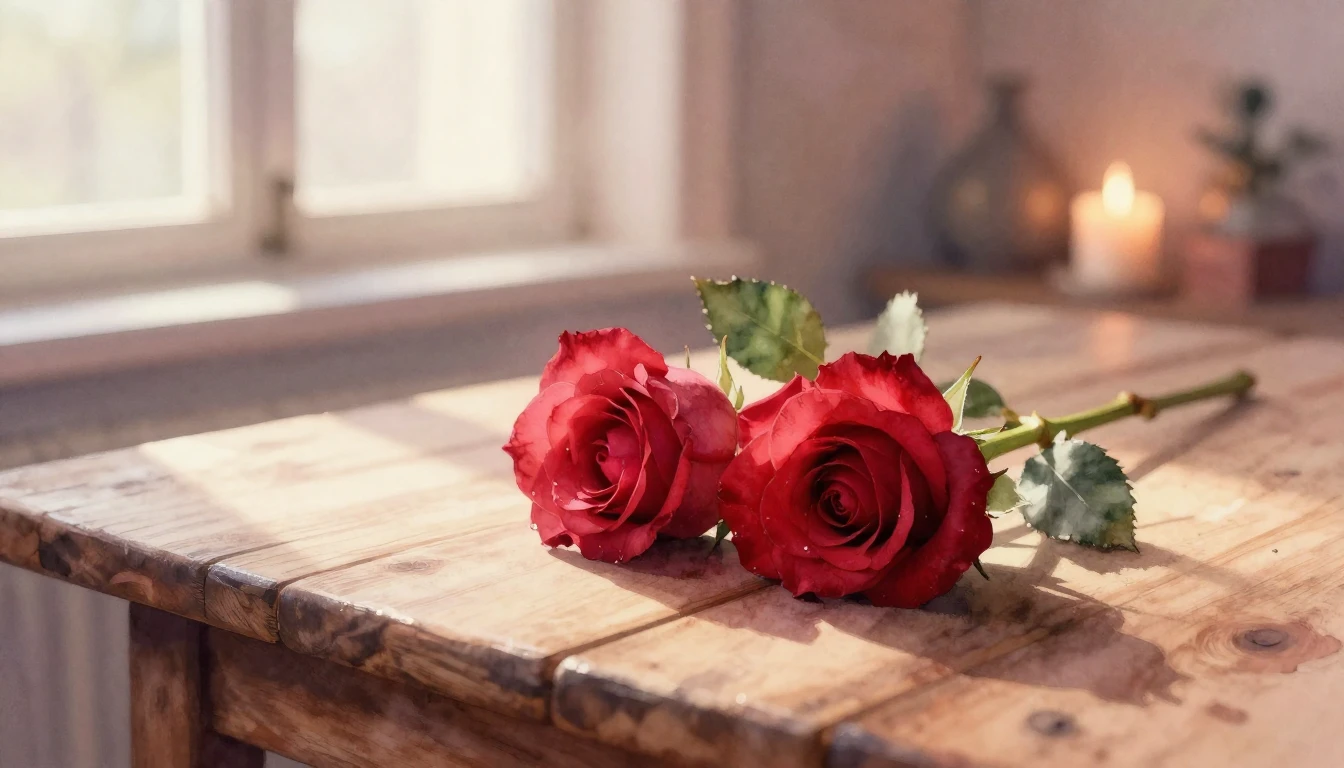 A beautiful watercolor painting of two delicate red roses in...