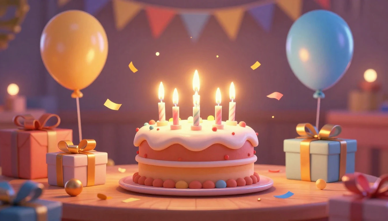 A festive 3D animated style scene of a magical birthday part...