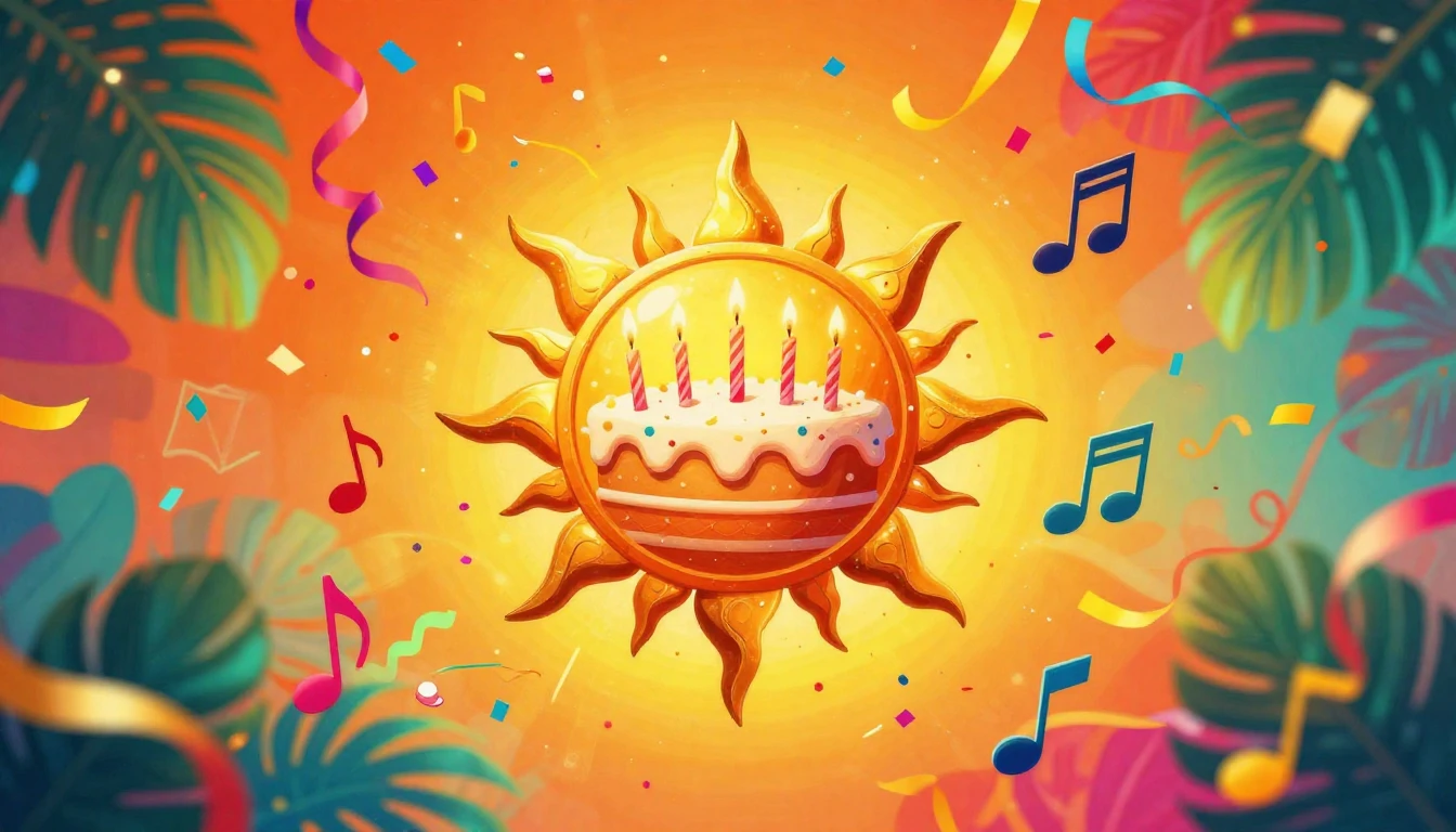 A vibrant and festive digital artwork designed for a music s...