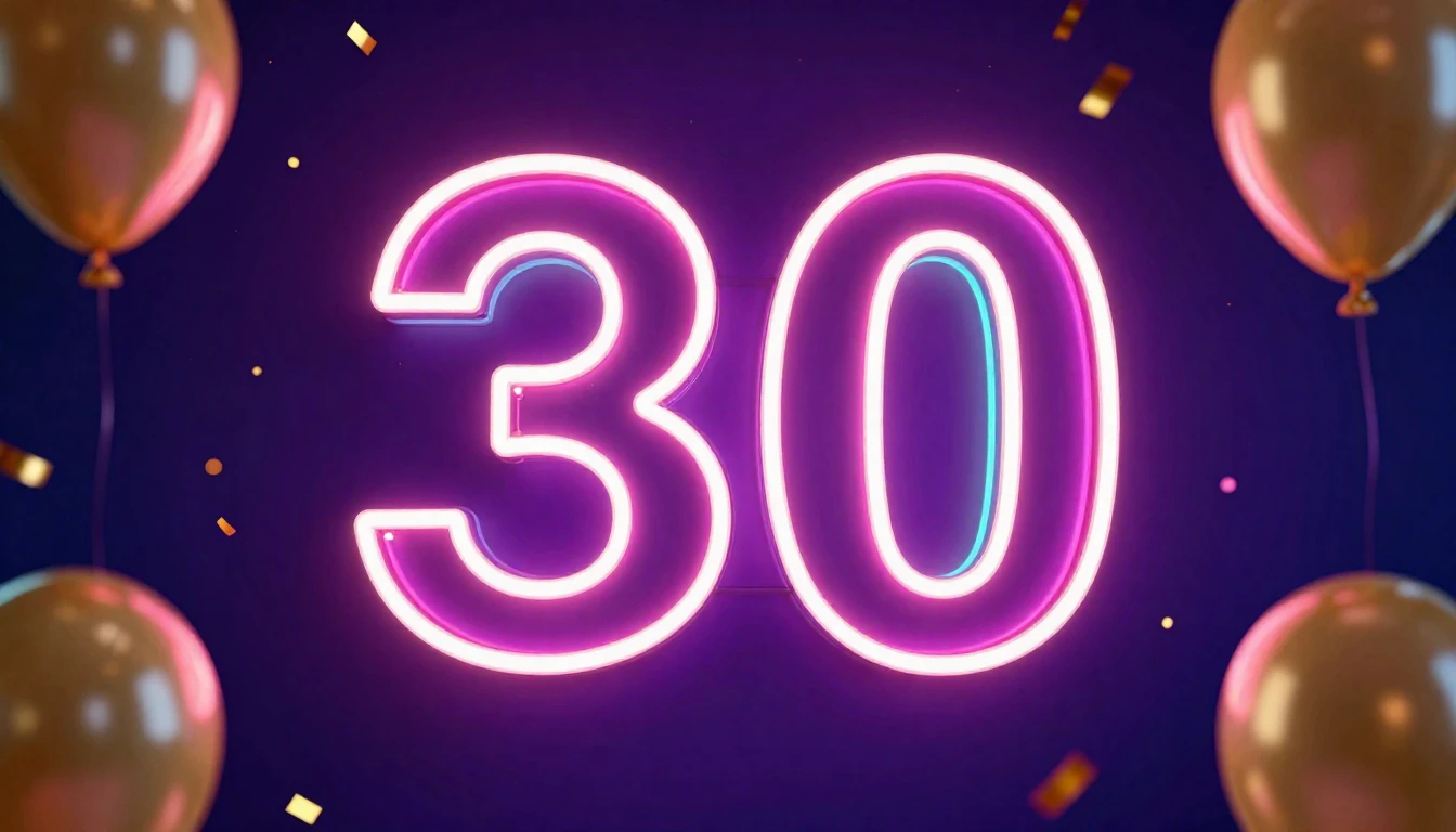 A vibrant and celebratory image featuring a large, glowing n...