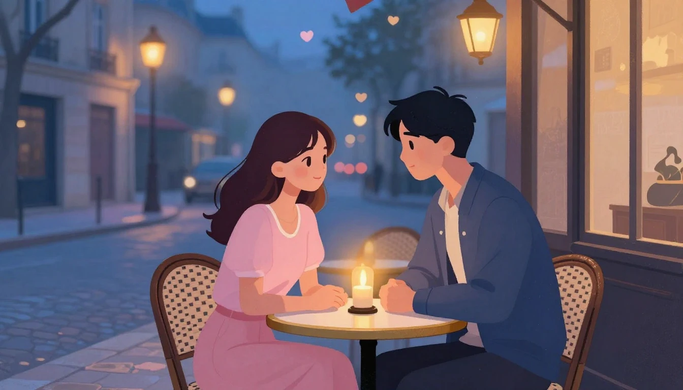 A romantic and dreamy illustration of a couple sitting at a ...