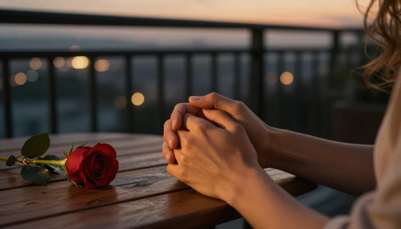 A romantic and cinematic close-up shot of a couple holding h...