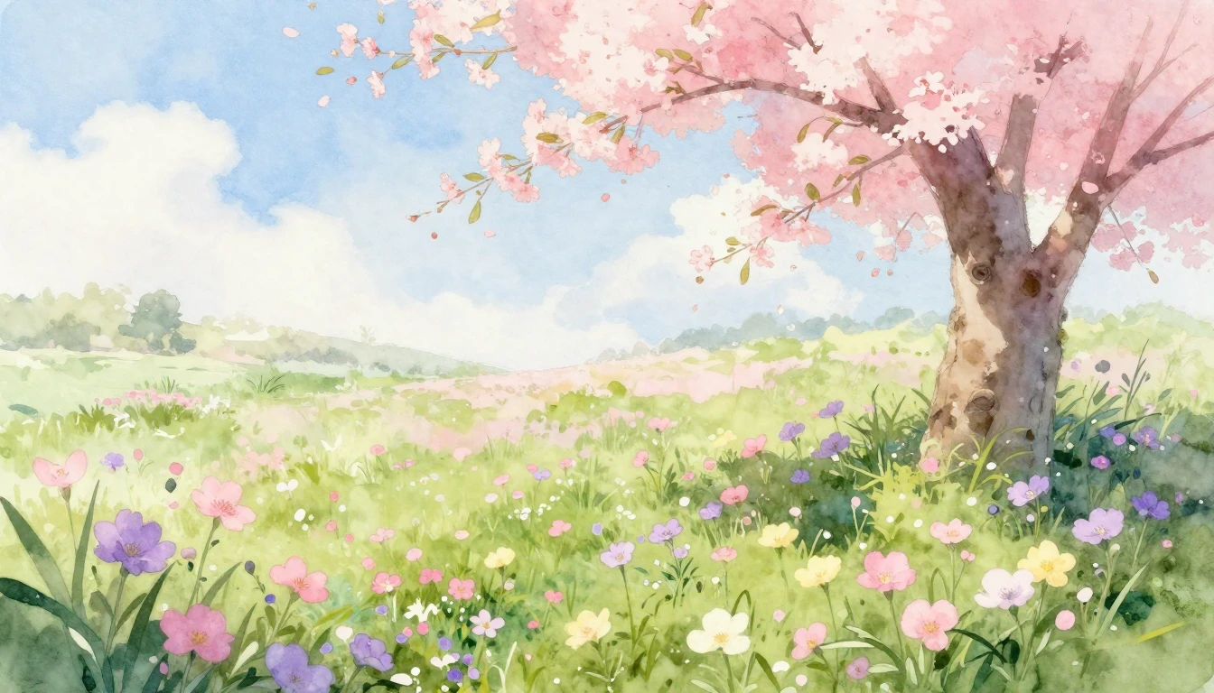 A delicate watercolor painting of a lush spring meadow fille...