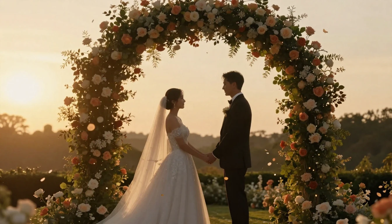 A romantic wedding scene showing two silhouette figures, a b...