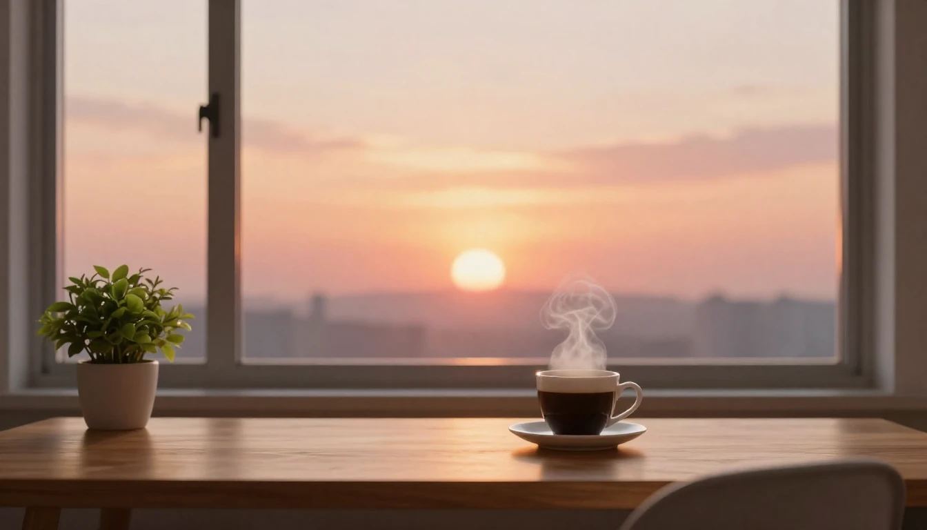 A serene workspace overlooking a sunrise through a large win...