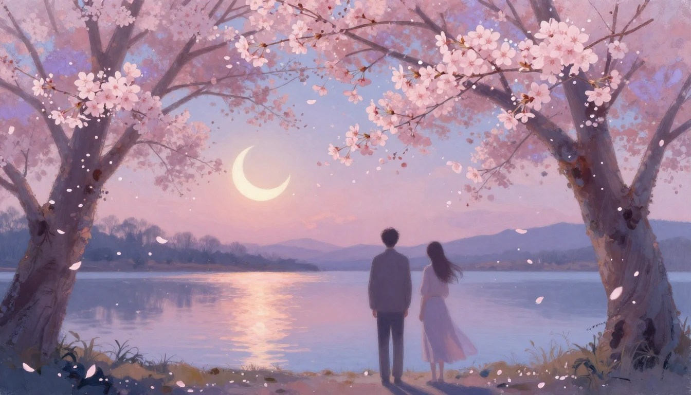 A dreamy and ethereal painting of two silhouettes standing u...