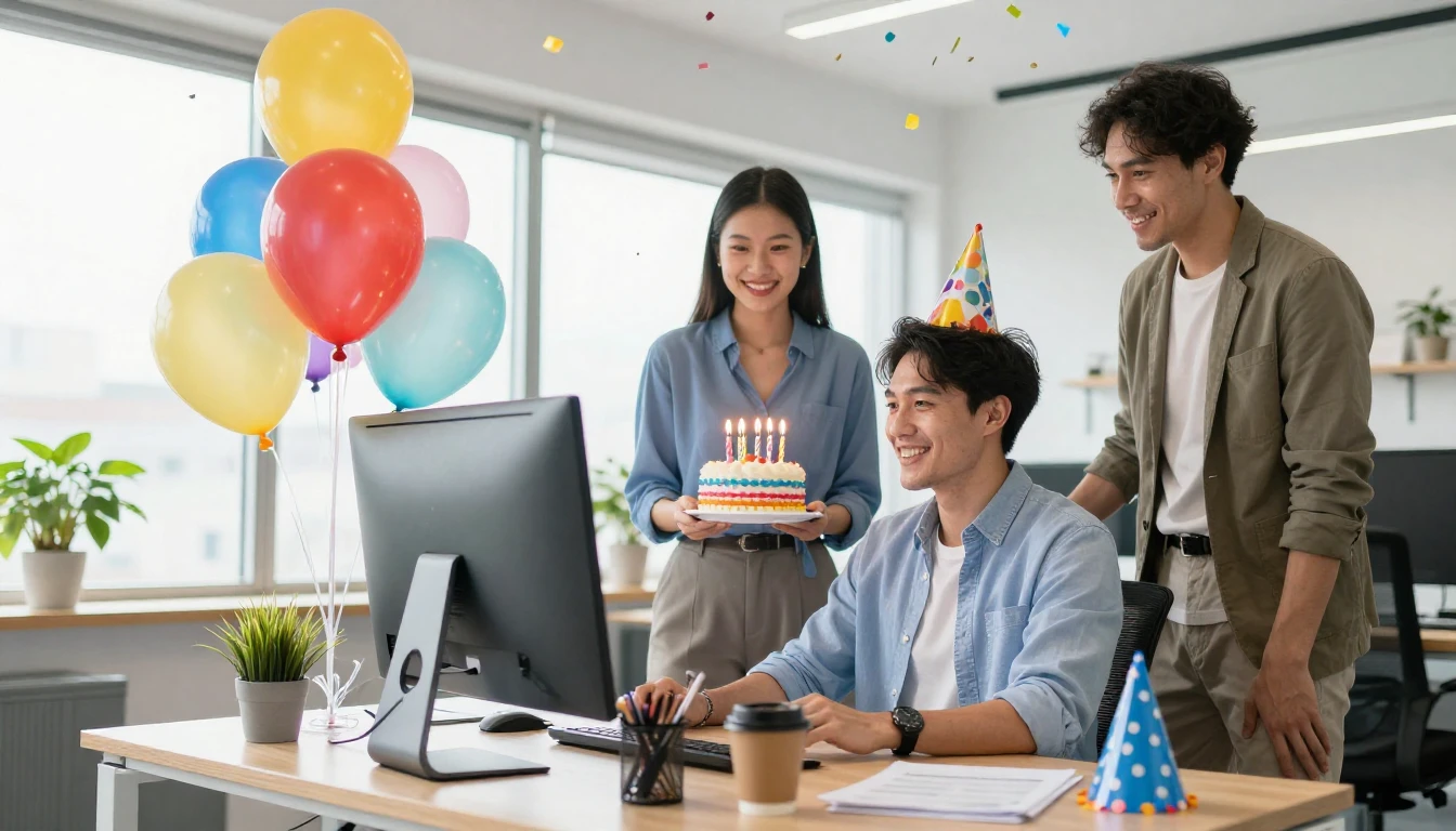 A festive office scene with a happy male employee sitting at...