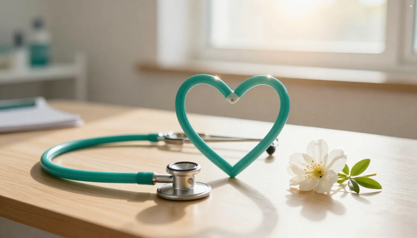 A heart-shaped stethoscope resting on a clean, sunlit wooden...
