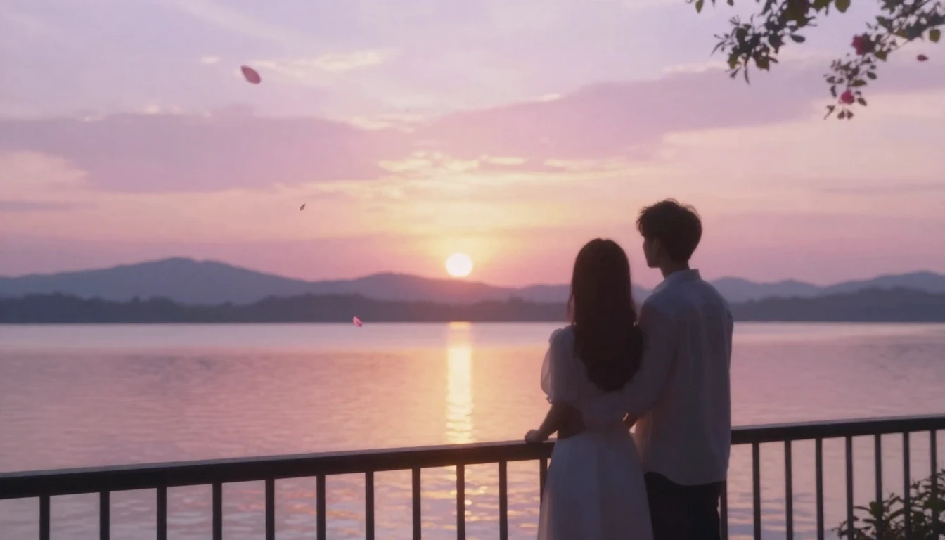 A dreamy and romantic scene featuring two silhouettes of a c...