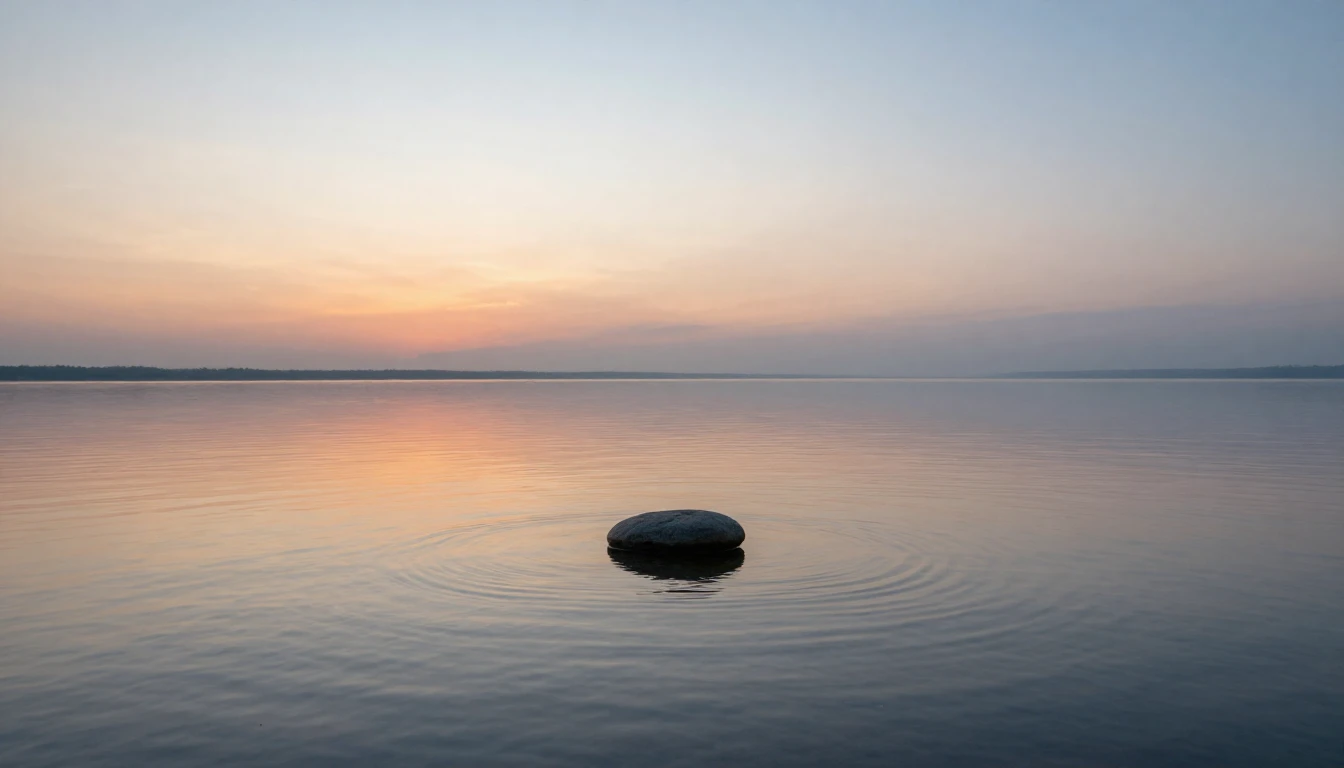 A serene landscape featuring a calm lake reflecting a soft, ...