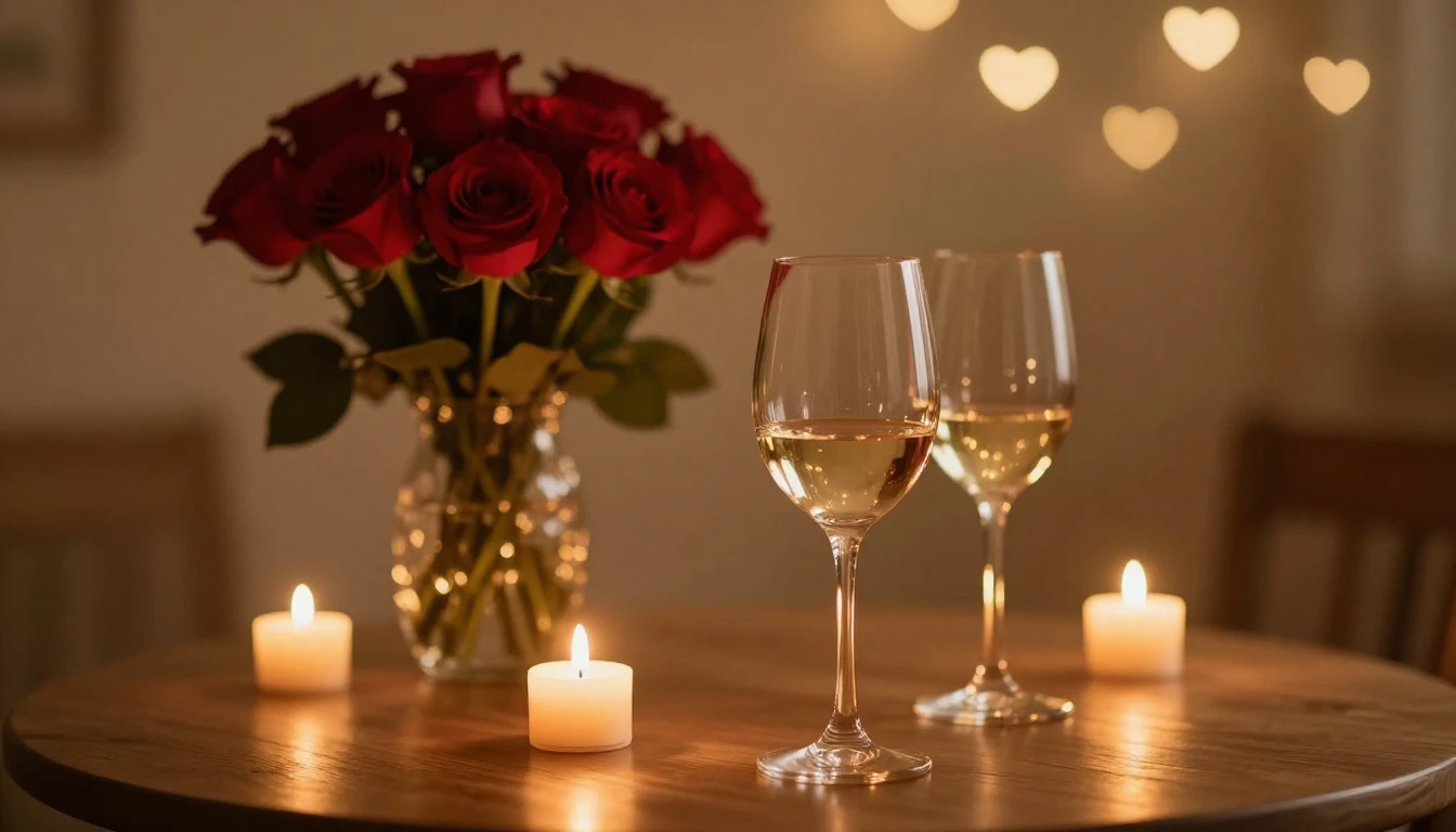 A serene and romantic scene featuring two elegant wine glass...