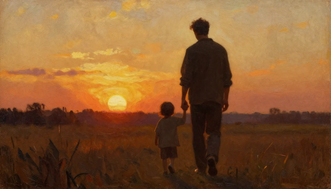 A heartwarming oil painting depicting a silhouette of a fath...