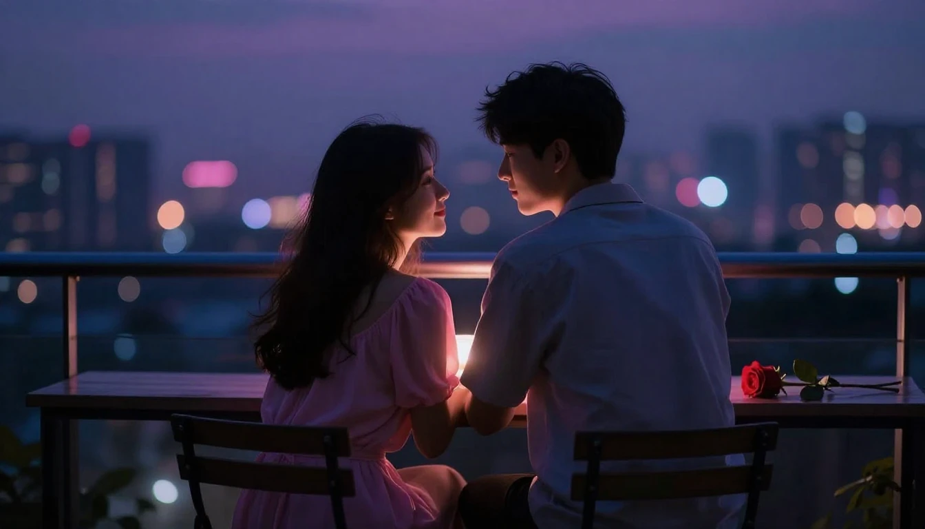 A romantic scene featuring a couple sitting close together o...