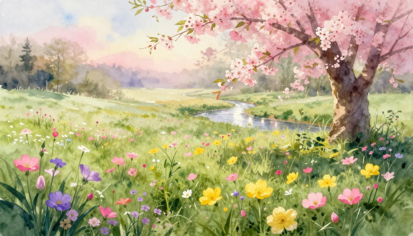 A breathtaking watercolor painting of a lush meadow at dawn....