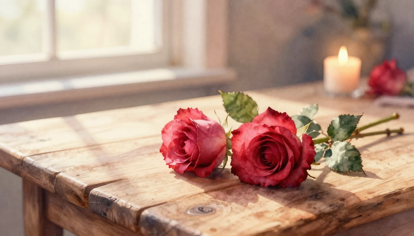 A beautiful watercolor painting of two delicate red roses in...