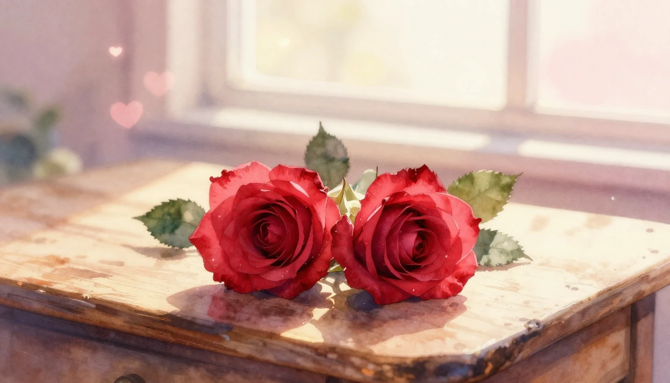 A delicate watercolor painting of two intertwined red roses ...